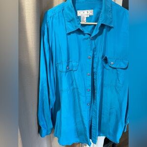 Mens 100% silk Blue Button-Up Shirt Sz lg
